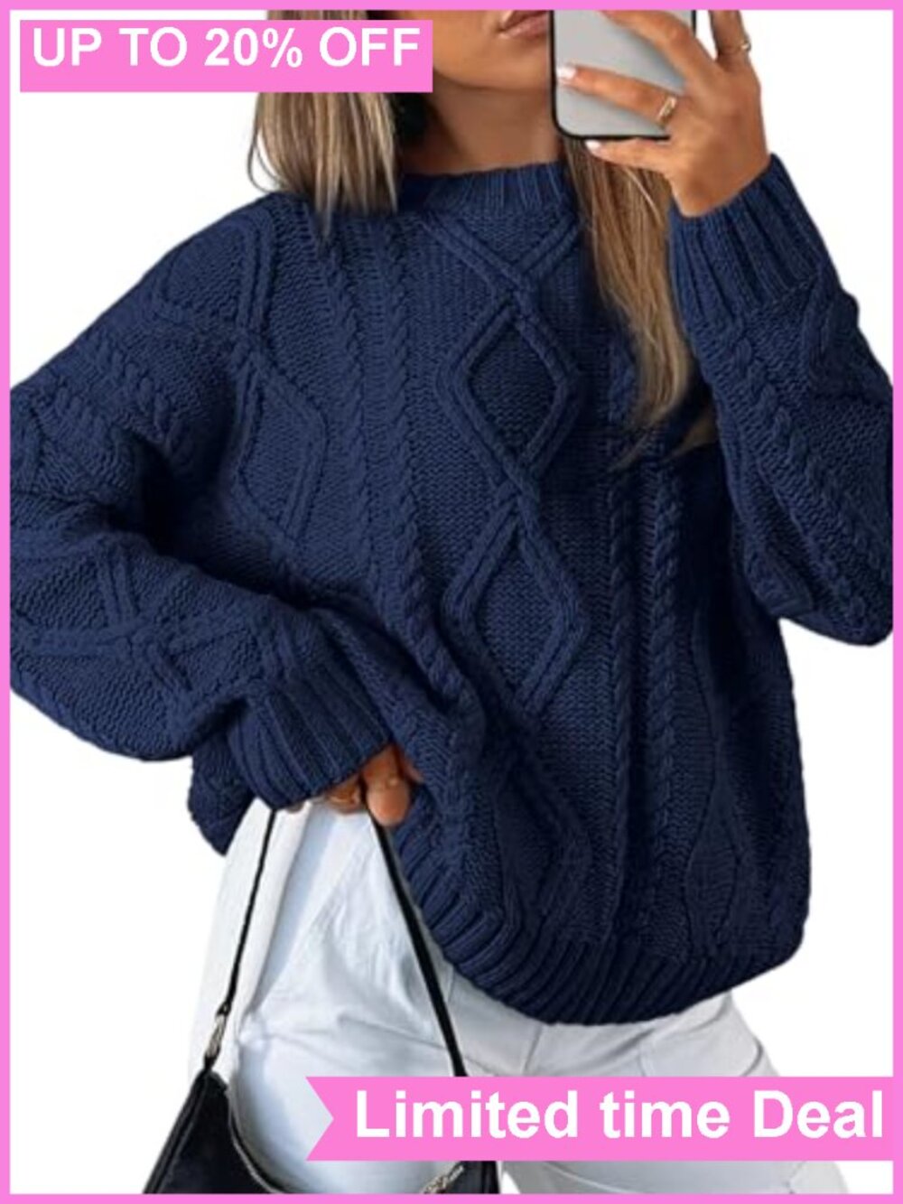 Oversized Cable Knit Sweater Cotton Blend Pullover Crew Neck